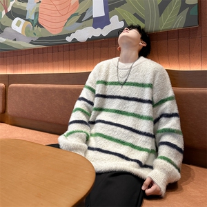 B392P55秋冬男装毛衣时尚休闲宽松打底衫条纹鹿毛绒图片