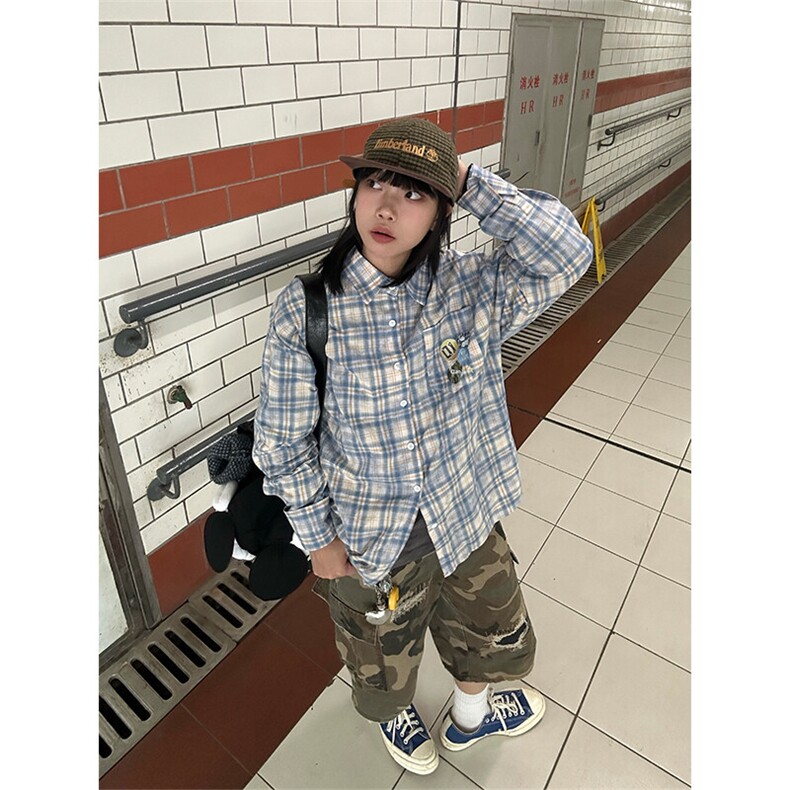 EAHO2025春季美式徽章印花格纹长袖衬衫男女宽松休闲衬,男装衬衫,星座218-1（原230）