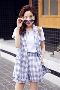 套装/套裙2021年夏季修身显瘦百搭气质流行优雅舒适格子套装图片