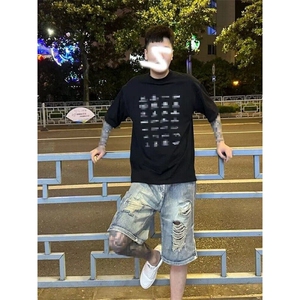 破洞牛仔短裤男夏季新款美式复古拉链设计直筒五分裤LY6466-P40图片