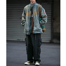 JK8899-P65美式机车风牛仔外套男水洗做旧潮牌炸街刺绣，男装工装外套，电商B323A
