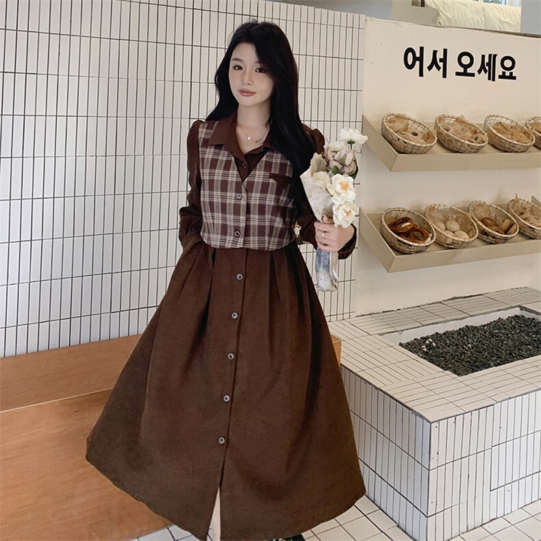 2024春装新款甜美设计感格纹假两件连衣裙P115K175,女装连衣裙,沫晗依美服饰