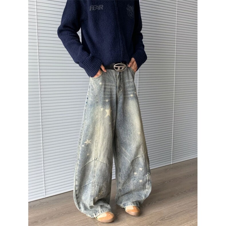 牛仔裤美式复古星星印花裤子宽松直筒水洗做旧阔腿裤，男装牛仔裤，星座1018A