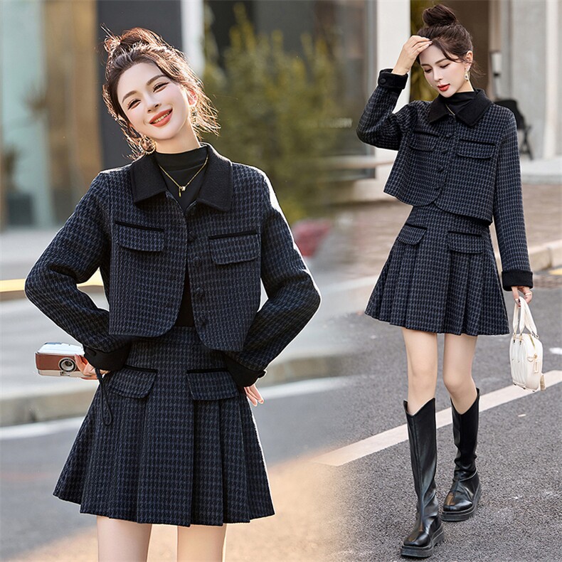 小香风chic套装2024秋冬新款高级感学院风减龄毛呢格子短裙两件套，女装套装/套裙，半夏