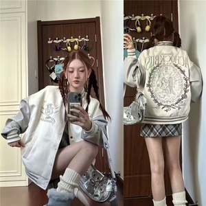 秋冬新款美式复古字母棒球服外套hiphop宽松百搭拼接皮袖情侣夹克图片