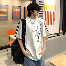 抖音得物高品质二开240克宽松纯棉美式潮牌三条杠织带短袖T恤，男装T恤，电商A486-1