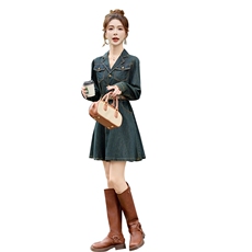 （新款现货）2026春装时尚显瘦复古色西装领牛仔连衣裙（配腰带），女装连衣裙，印象茜