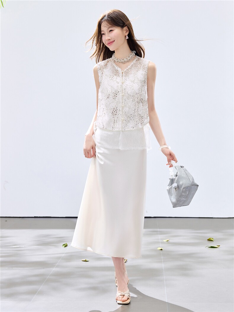 夏季新款现货！2026小清新重工盘花珍珠亮片马甲+珍珠缎面长裙女,女装套装/套裙,央宝儿