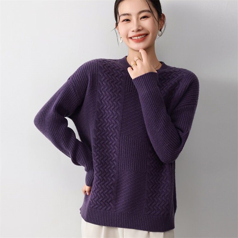 秋冬季新款舒适显瘦时尚百搭5针花型格圆领羊毛衫,女装羊毛衫,琳尚羊绒