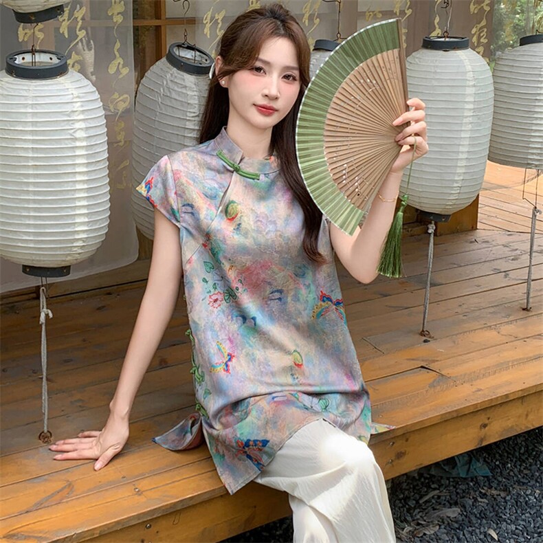 新中式g风套装女2026夏季流行复古印花盘扣旗袍上衣阔腿裤两件套,女装套装/套裙,超帛
