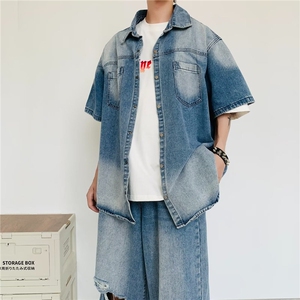 T001-P100 美式复古小众做旧牛仔衬衫破洞牛仔裤衣服一套搭配图片