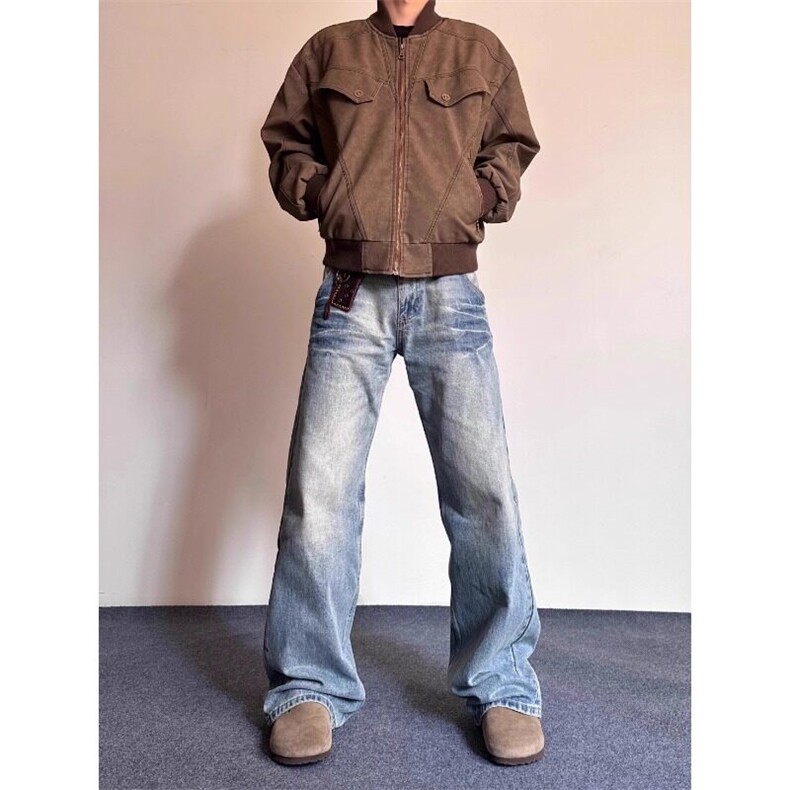 美式高街vibe风复古水洗浅色磨白闪电竹节纹牛仔裤男直筒拖地长裤，女装牛仔裤，星座506A