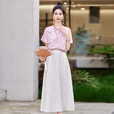 现货~2024年夏季新款盘扣新中式马面裙套装圆领减龄两件套裙，女装套装/套裙，新依时派