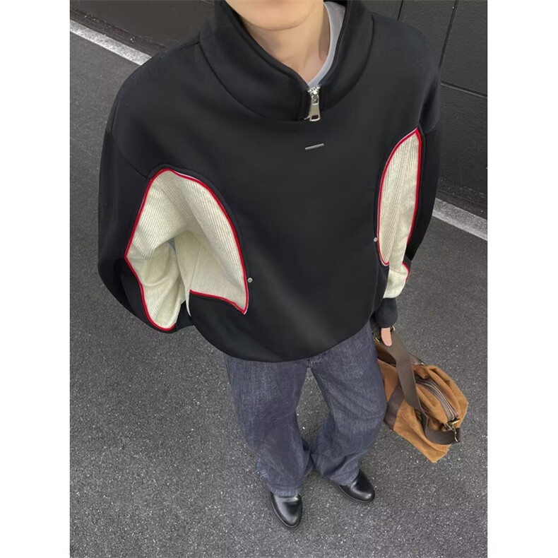 JY624-P53 拼色长袖Polo衫男字母美式复古宽松半拉链卫衣 网图图片