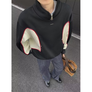 JY624-P53 拼色长袖Polo衫男字母美式复古宽松半拉链卫衣 网图图片
