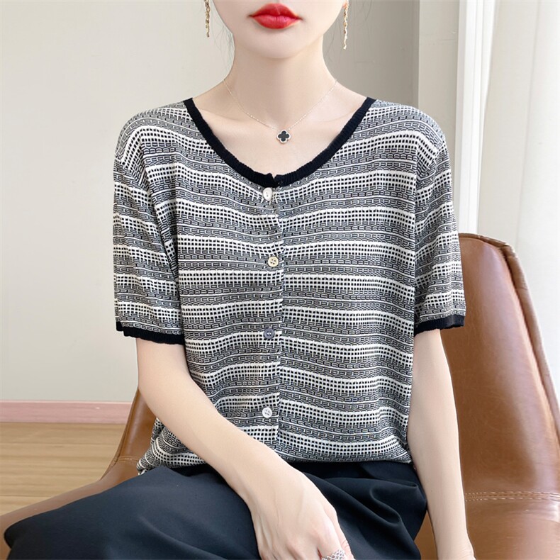 夏季新款莱赛尔天丝黑白圆领提花开衫女宽松百搭显瘦时尚休闲上衣,针织衫/毛衣,暖娇绒