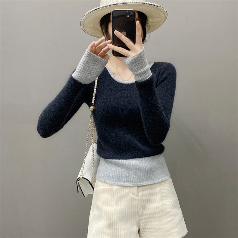 高级感山羊绒拼色女秋冬收腰显瘦内搭套头毛衣上衣气质圆领羊绒衫，女装羊绒衫，织绒羊