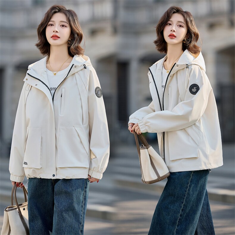 时尚休闲连帽工装外套女2025春新款宽松百搭超好看冲锋衣夹克上衣,女装短外套,悦祺