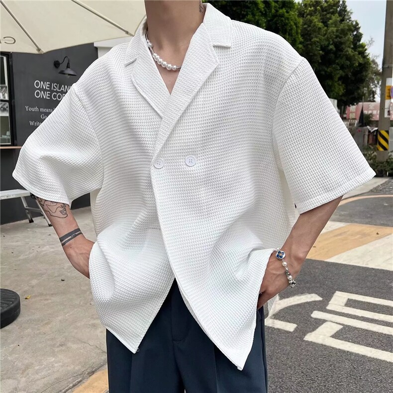 克莱因蓝短袖衬衫男 夏季新款韩版宽松潮流男士华夫饼格休闲衬衣图片