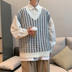 潮牌条纹休闲马甲无袖坎肩针织衫春秋V领套头毛衣背心男M617-P35，男装背心/马甲，星座512-2
