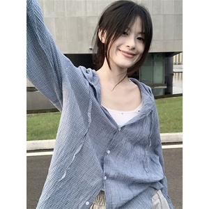 法式蓝色格纹连帽衬衫灯笼袖夏季休闲长袖上衣宽松慵懒防晒 C126图片