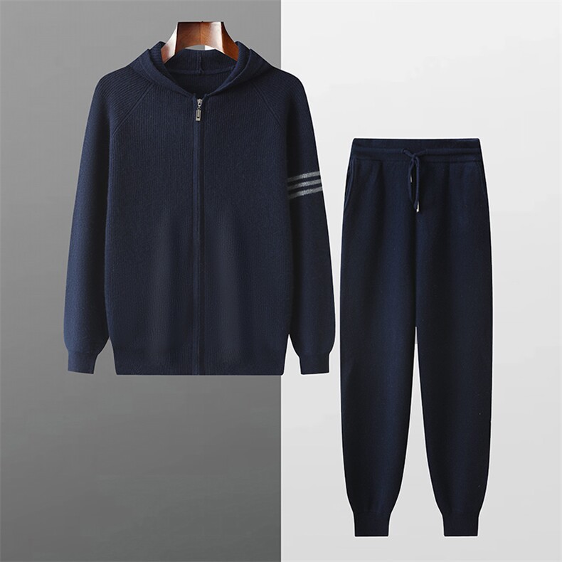 2024秋季男士新款条杠连帽开衫+束口裤套装，男装休闲套装，江杉羊绒