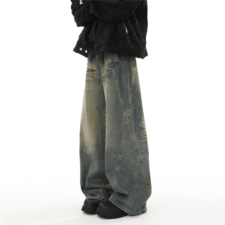 xz905-2-Z053#P65-（控98）美式高街宽松阔腿拼接牛仔裤,男装牛仔裤,星座905-2