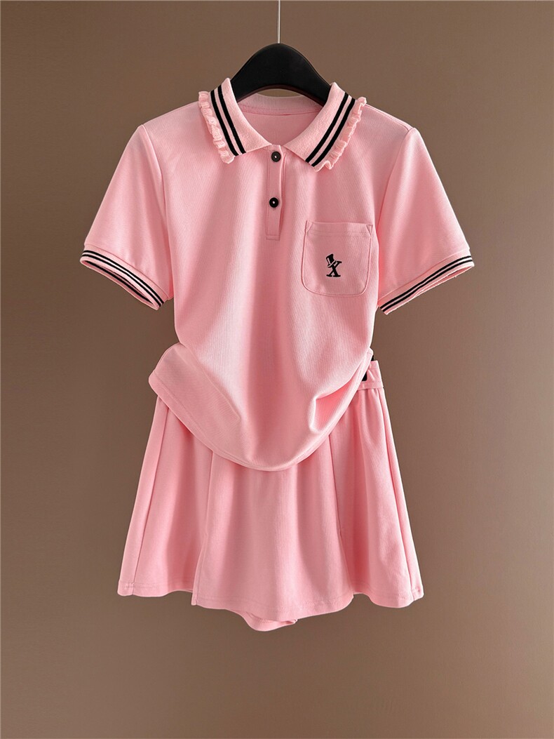 时尚潮流休闲套装裙女夏新款高级感显瘦Polo领短袖上衣裤裙两件套,女装套装/套裙,江南