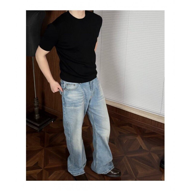 气质闪电纹牛仔裤浅蓝色美式阔腿裤长裤潮流直筒阔腿裤NKK05P50，男装牛仔裤，电商D256A(原A064A)