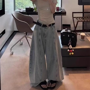 春秋季新款水洗美式高街阔腿牛仔裤女款宽松高腰设计显瘦拖地长裤图片