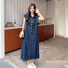 韩系印花牛仔连衣裙女2025夏季新款时尚设计感气质收腰显瘦长裙，女装连衣裙，2C227