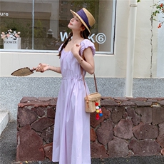2025夏季新款时尚甜美褶皱抽绳收腰连衣裙女休闲超好看显瘦长裙子，女装连衣裙，2C212