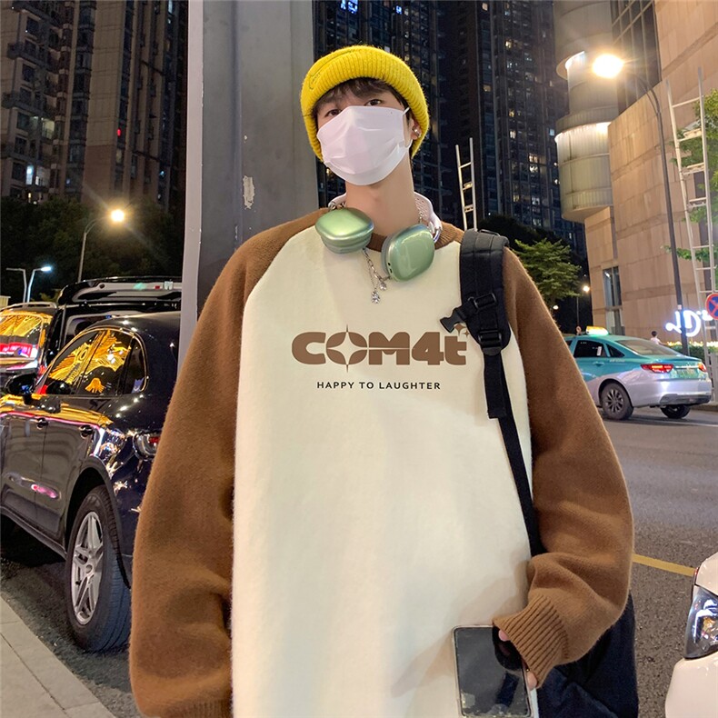 港风 夜景个性字母印花拼接插肩袖圆领毛衣 M81005 特批55控88图片