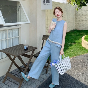 蓝色休闲松弛感套装女2025夏季新款气质时尚亮片背心阔腿裤两件套图片
