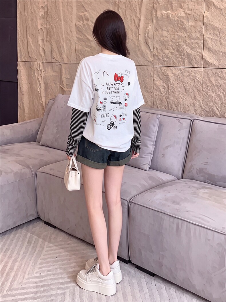 欧货俏皮减龄时尚套装夏季新款圆领卡通印花假两件上衣短裤两件套,女装套装/套裙,江南