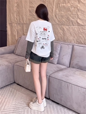 欧货俏皮减龄时尚套装夏季新款圆领卡通印花假两件上衣短裤两件套，女装套装/套裙，江南