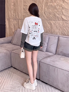 欧货俏皮减龄时尚套装夏季新款圆领卡通印花假两件上衣短裤两件套图片