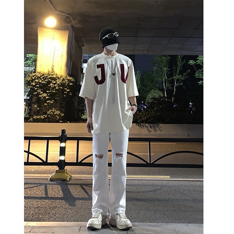 B221美式ins高街简约小众设计毛边破洞牛仔裤LK23067-P60控78,男装牛仔裤,电商B221