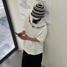 万针全刺绣解构设计260克重磅双纱纯棉高品质美式高街短袖T恤特33，男装T恤，电商A486-1
