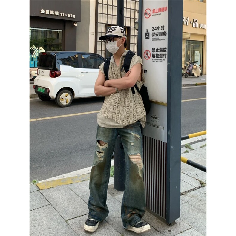 复古破洞牛仔裤女夏天薄款设计感高腰阔腿长裤宽松裤子潮NZG24,男装牛仔裤,星座516A