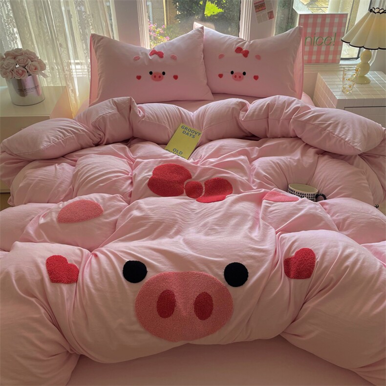 新款水洗棉大版毛巾绣四件套-猪猪女孩,女装床品套件,一起卖家纺