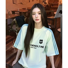 抖音得物品质二开240克宽松纯棉美式潮牌印花三条杠中性风短袖T恤，男装T恤，电商A486-1