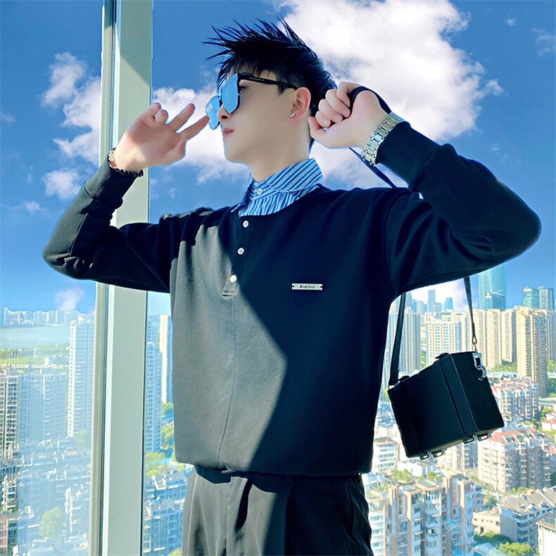 AW192/特P78控108秋季社会小伙潮流高级感拼接假两件衬衫男黑首,男装衬衫,星座305B-1
