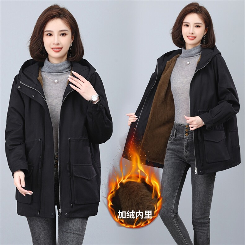 加绒派克服女秋冬2025新款时尚宽松抽绳收腰中年妈妈加厚保暖外套图片