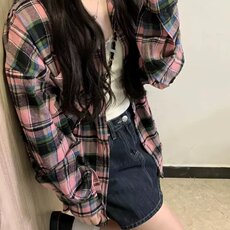 慵懒风复古休闲格子长袖衬衫男女情侣2024秋季新款休闲百搭上衣，男装衬衫，星座506A