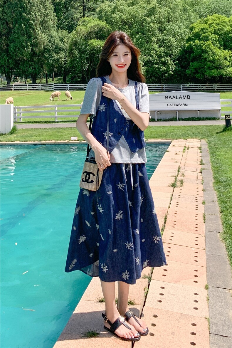新款2025夏季韩系假两件刺绣马甲半身裙套装6109-P165-K238,女装套装/套裙,2C057