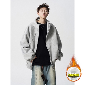 480G重磅加绒硬挺boxy 男女秋冬美式高街结构高领卫衣开衫厚外套图片