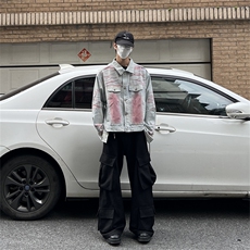 美式复古高街扎染牛仔外套男款高级感水洗工装夹克潮牌翻领机车服，男装工装外套，星座302B