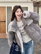 灰色短款泡芙羽绒服女2025冬季高级感毛毛拼接保暖90白鸭绒厚外套，女装羽绒服，慧尚2-185