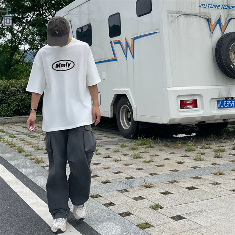 抖音得物供货210克现货宽松纯棉美式潮牌印花落肩袖纯棉T恤AT2191图片